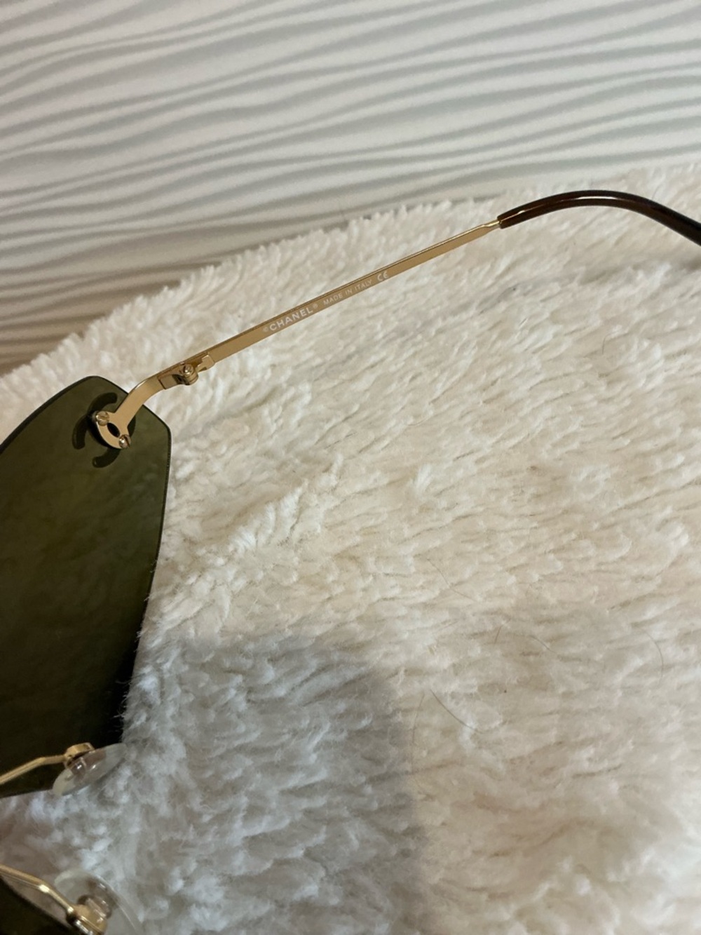 Rimless Shield Sunglasses with Olive Green Lens and Gold Detailing - Picture 13 of 14